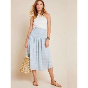 Maeve Anthropologie XL Karyn smocked midi skirt blue white textured cotton